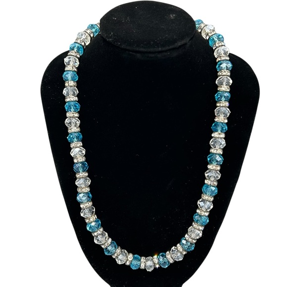 Jewelry - Blue & Clear Faceted Glass Bead Necklace w/ Rhinestone Spacers